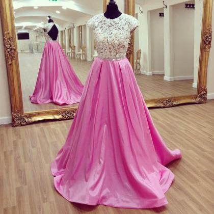 Pink Prom Dress, Cap Sleeve Prom Dress, Elegant..