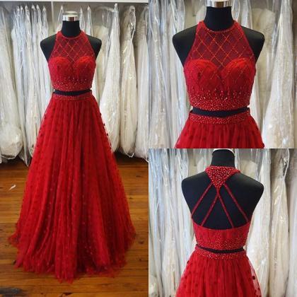 Red Prom Dress, Beaded Prom Dress, A Line Prom..