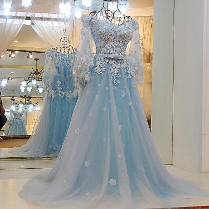 Tulle Prom Dress, Blue Prom Dress, Floral Prom..