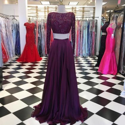 Burgundy Prom Dress, Long Sleeve Prom Dress,..