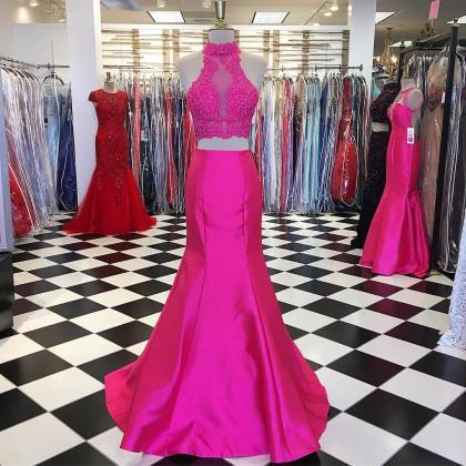 Mermaid Evening Dress, Pink Evening Dress, 2 Piece..