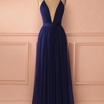 Navy Blue Prom Dress, Deep V Neck Prom Dress,..