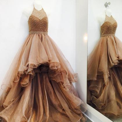 High Low Prom Dress, Gold Prom Dres..
