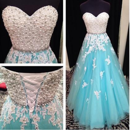Blue Prom Dress, Lace Applique Prom..