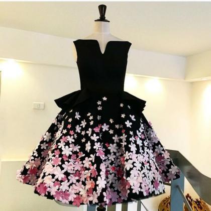 Floral Prom Dress, Black Prom Dress, Short..
