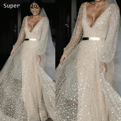 Champagne Wedding Dress Long Sleeve Wedding Dress Saprkle