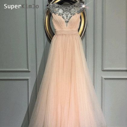 Pale Pink Prom Dress, Beaded Prom Dress, Cap..
