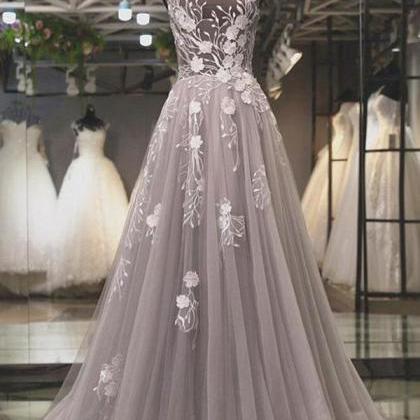 Gray Prom Dress, Lace Applique Prom Dress, Cap..