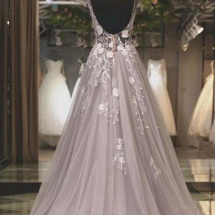 Gray Prom Dress, Lace Applique Prom Dress, Cap..