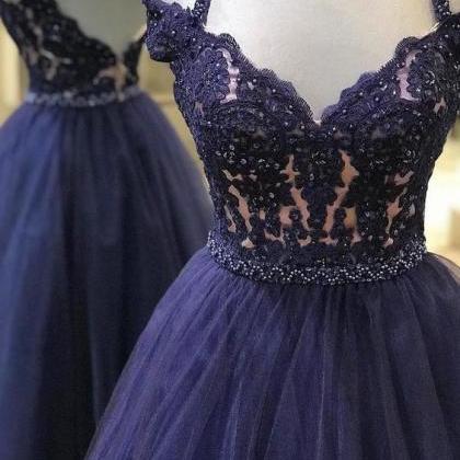 Navy Blue Prom Dress, Lace Applique Prom Dress,..