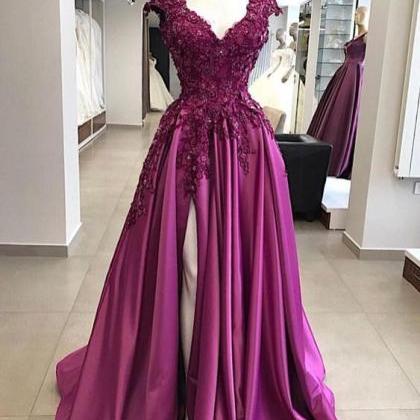 Cap Sleeve Prom Dress, Purple Prom Dress, Fuchsia..