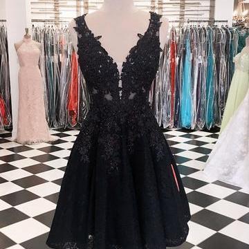 Short Prom Dress, Black Prom Dress, Lace Applique..