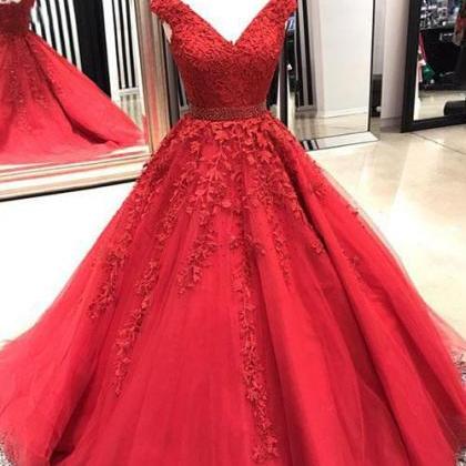 V Neck Prom Dress, Red Prom Dress, Lace Applique..