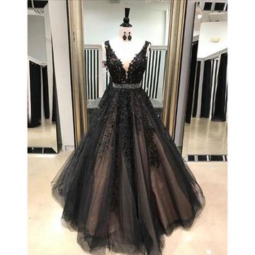 Black Prom Dress, Lace Applique Prom Dress, V Neck..