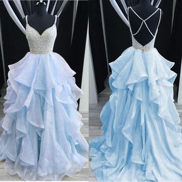 Blue Prom Dress, Tiered Prom Dress, Beaded Prom..