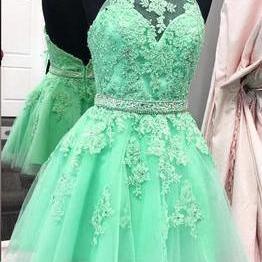 Short Prom Dress, Beaded Prom Dress, Mint Green..