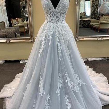 Silver Prom Dress, Lace Applique Prom Dress,..