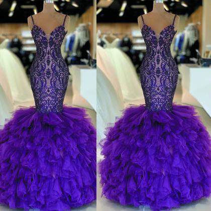 Luxury Evening Dress, Purple Evening Dress, Lace..