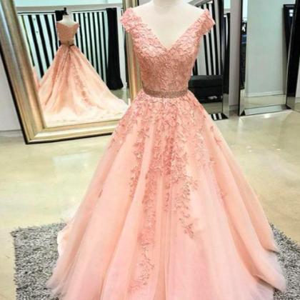 Pink Prom Dress, V Neck Prom Dress, Lace Applique..