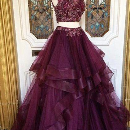 Two Piece Prom Dresses, Deep Purple Prom Dress,..