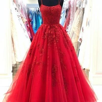 Lace Applique Prom Dress, Red Prom Dress, Elegant..