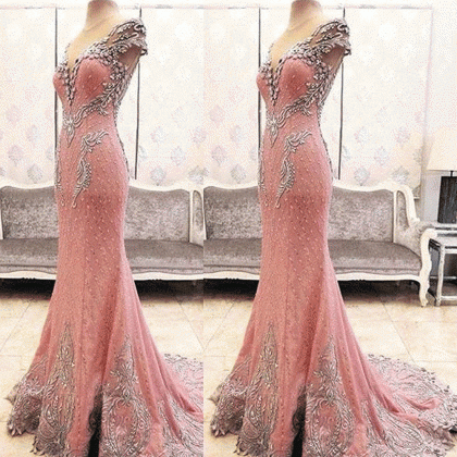 Dusty Pink Eveniing Dress, Beaded Evening Dress,..