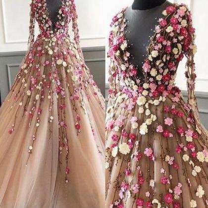 Champagne Prom Dress, 3d Flowers Prom Dress, Long..