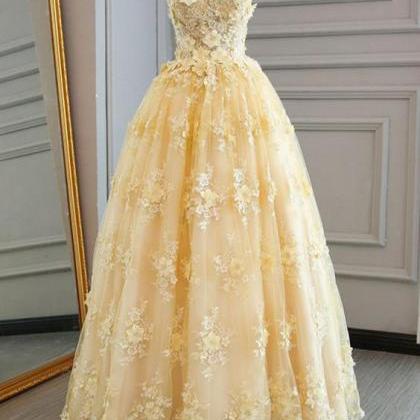 Sleeveless Prom Dress, Yellow Prom Dress, Lace..