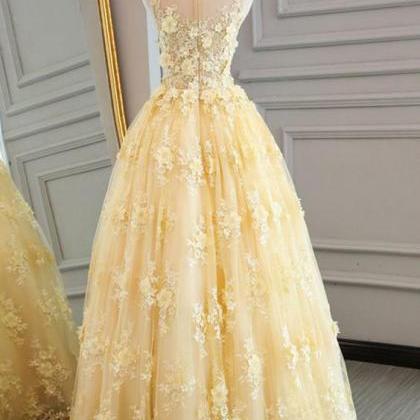Sleeveless Prom Dress, Yellow Prom Dress, Lace..
