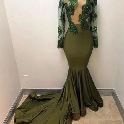 Green Evening Dress, Long Sleeve Evening Dress,..
