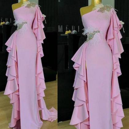 Feather Evening Dress, Pink Evening Dress, Chiffon..