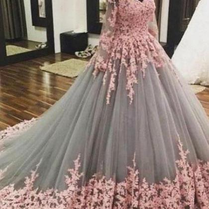 Gray Pink Prom Dress, Lace Applique Prom Dress,..