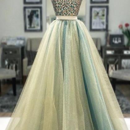 Two Piece Prom Dresses, Green Prom Dress, Crystals..