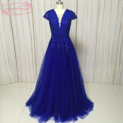 Royal Blue Prom Dress, Lace Applique Prom Dress,..