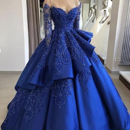 Royal Blue Prom Dress, Lace Applique Prom Dress,..