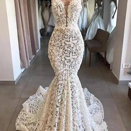 mermaid wedding dress, lace appliqu..