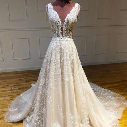 A Line Wedding Dress, Lace Applique Wedding Dress,..