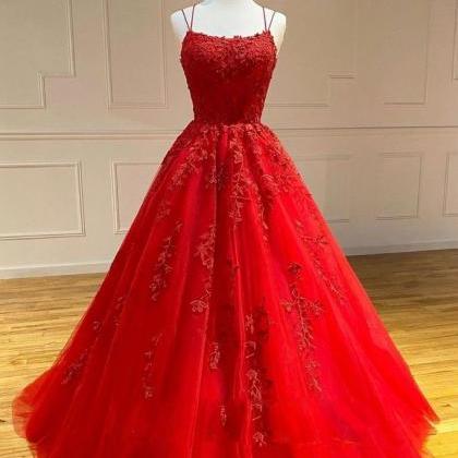 Red Prom Dress, Lace Applique Prom Dress, Boat..