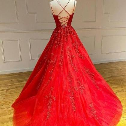Red Prom Dress, Lace Applique Prom Dress, Boat..