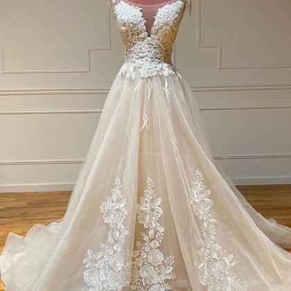 Light Champagne Wedding Dress, Lace Applique..