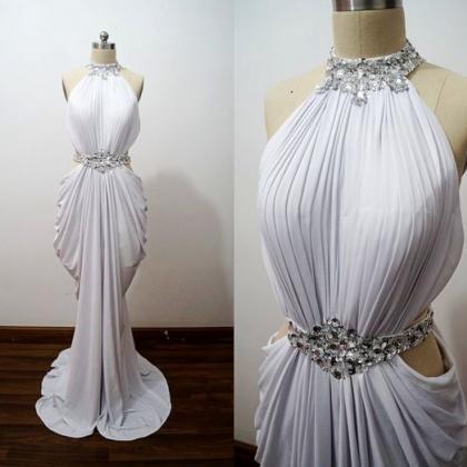 White Evening Dress, Sexy Formal Dress, Crystals..