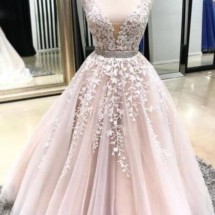 Deep V Neck Prom Dress, Pink Prom Dress, Prom..