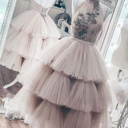 Dusty Pink Prom Dress,high Neck Prom Dress, Tiered..