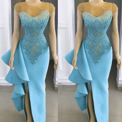 Blue Evening Dress, Lace Applique Evening Dress,..