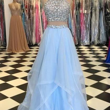 2 Piece Prom Dresses, Blue Prom Dress, Beaded Prom..
