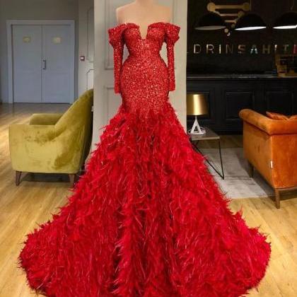 Red Evening Dress, 2023 Evening Dress, Feather..
