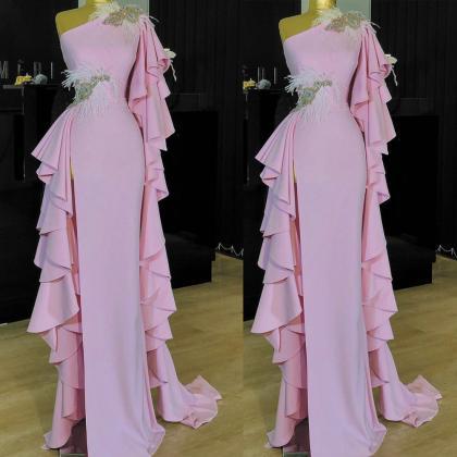 pink evening dress, feather evening..