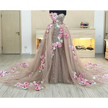 Detachable Skirt Prom Dress, Floral Prom Dress,..