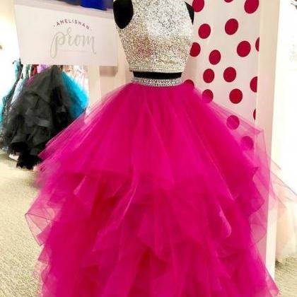 2 Piece Prom Dresses, Pink Prom Dress, Beaded Prom..