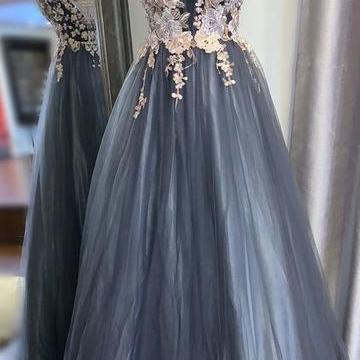 Gray Prom Dress, Deep V Neck Prom Dresses,..